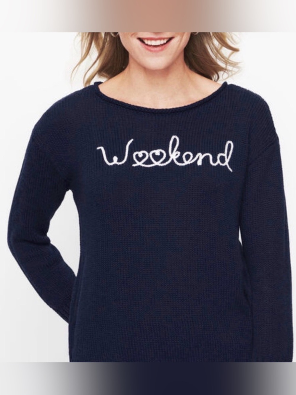 Talbots Navy Sweater with White 'Weekend' Script 💙